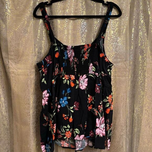 Torrid Black Red Blue Purple Floral Crochet Strap Peplum Challis Tank Top 1X - Picture 2 of 10
